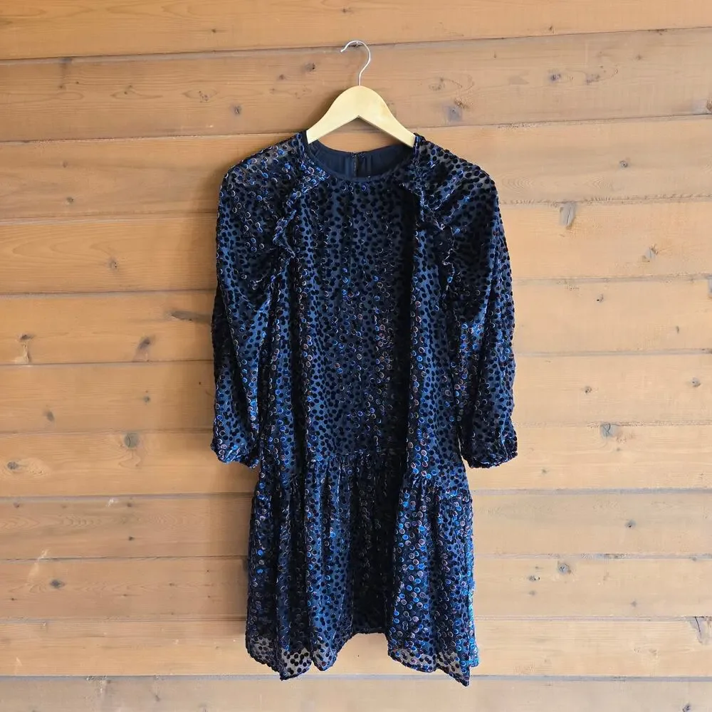Anthropologie Dress Shoshanna Henley Flocked Dot Jet Mocha Navy Velvet Chiffon 8 - Picture 2 of 7